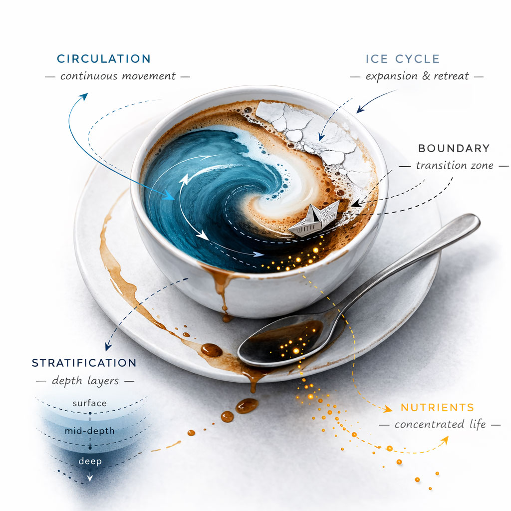 A cup of coffee with design elements integrated into the foam and surface. The coffee is in a white mug with a subtle shadow extending to the right. The swirling pattern in the coffee features shades of brown, tan, and blue, implying a whirlpool effect, with lighter foam swirling at the top. A small paper boat rests on the surface. To the right of the coffee cup, a legend explains various conceptual components represented in the coffee artwork: "Circulation" is portrayed with a swirling pattern; "Ice Cycle" as white to light blue gradients; "Boundary" uses a dotted red line; "Stratification" displayed with layered blue gradients; and "Nutrients" depicted as small yellow dots. Additionally, small coffee stains appear near the base of the cup.